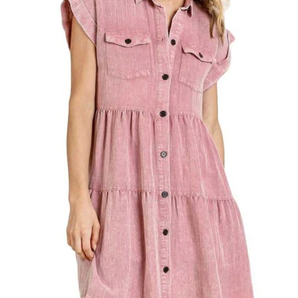 Umgee Tickle Me Collared Pink Mini Button-Down Dress Distressed Frayed Boho